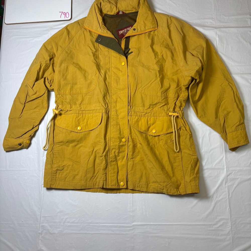 Vintage American Eagle Mustard Yellow Nylon Field‎ Jacket Stowaway Hood Womens M